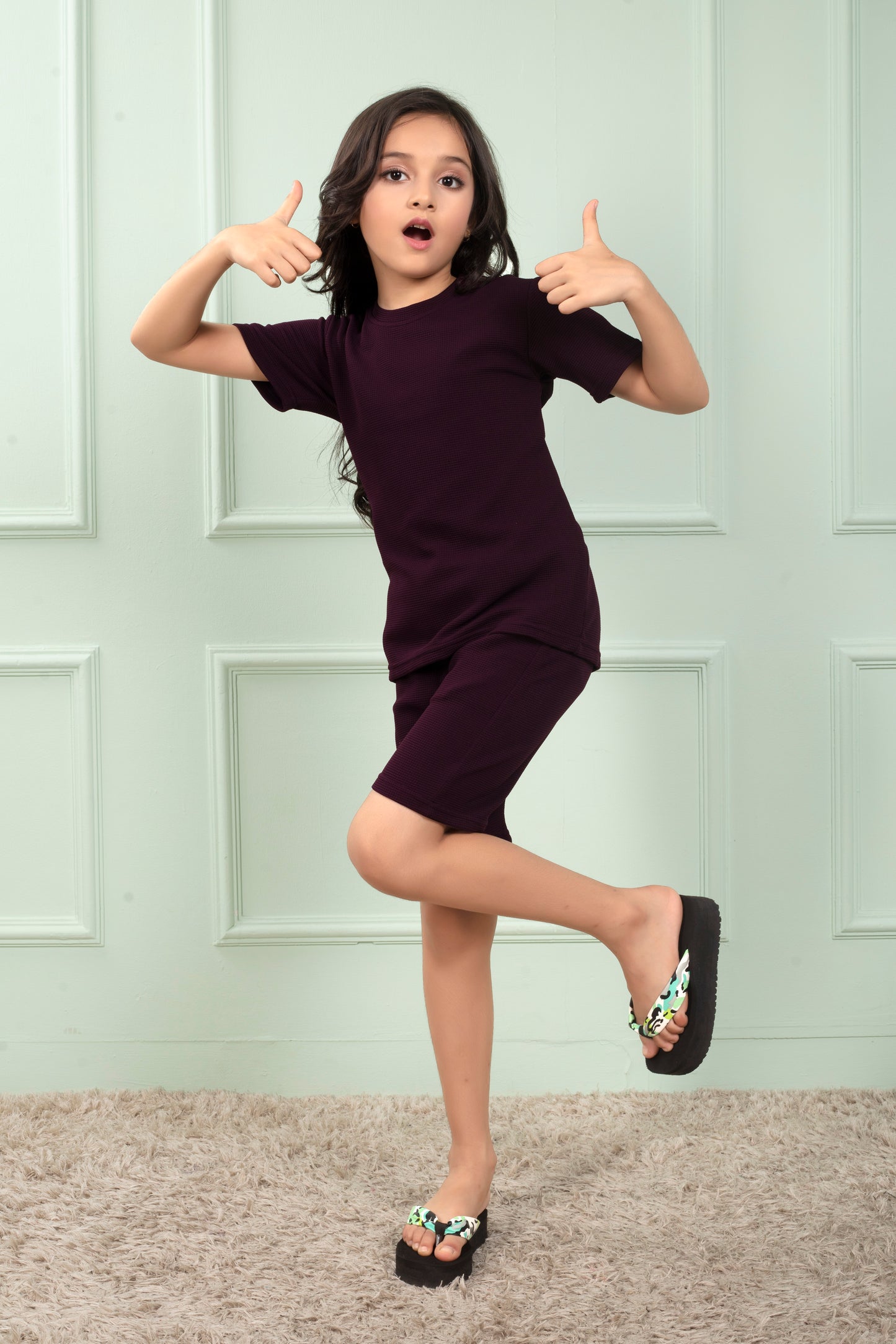 Maroon_cotton_waffle_Girls_top_and_shorts_set_nightwear - Stylish