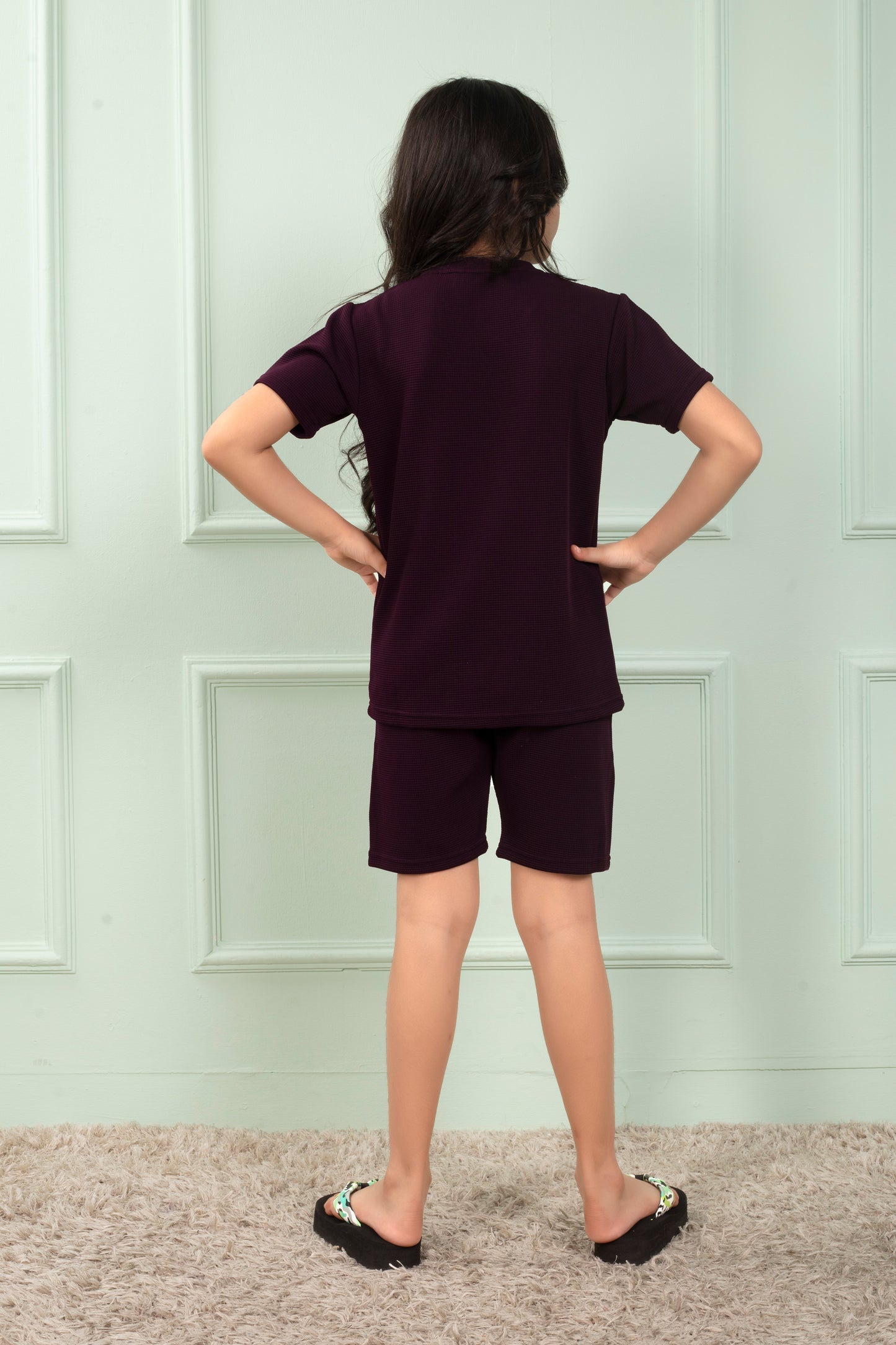 Maroon_cotton_waffle_Girls_top_and_shorts_set_nightwear - BackView
