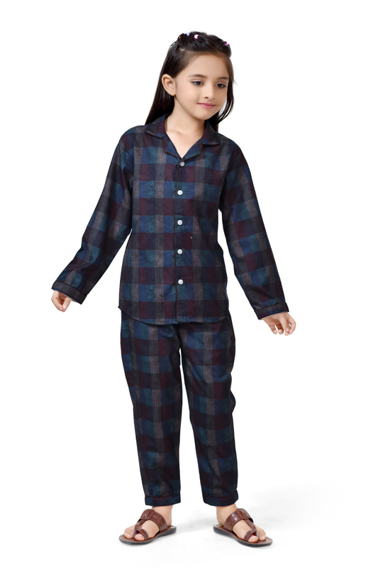 Midnight Blue Plaid Girls Cotton Night Suit - Full Sleeve Detail | CLUB96