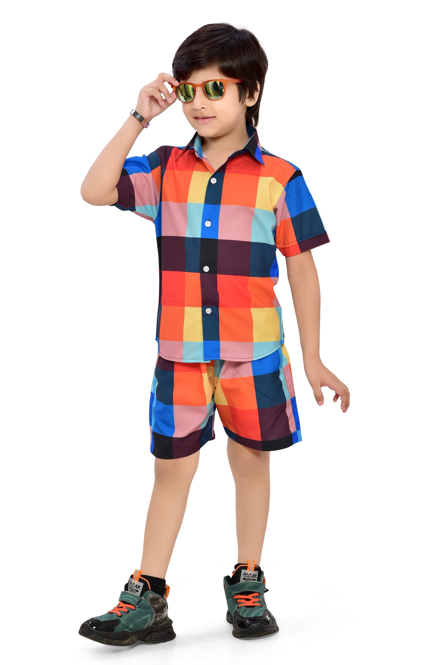 Multicolor Big Checks Printed Boys Cotton Co-Ord Set - Cub96
