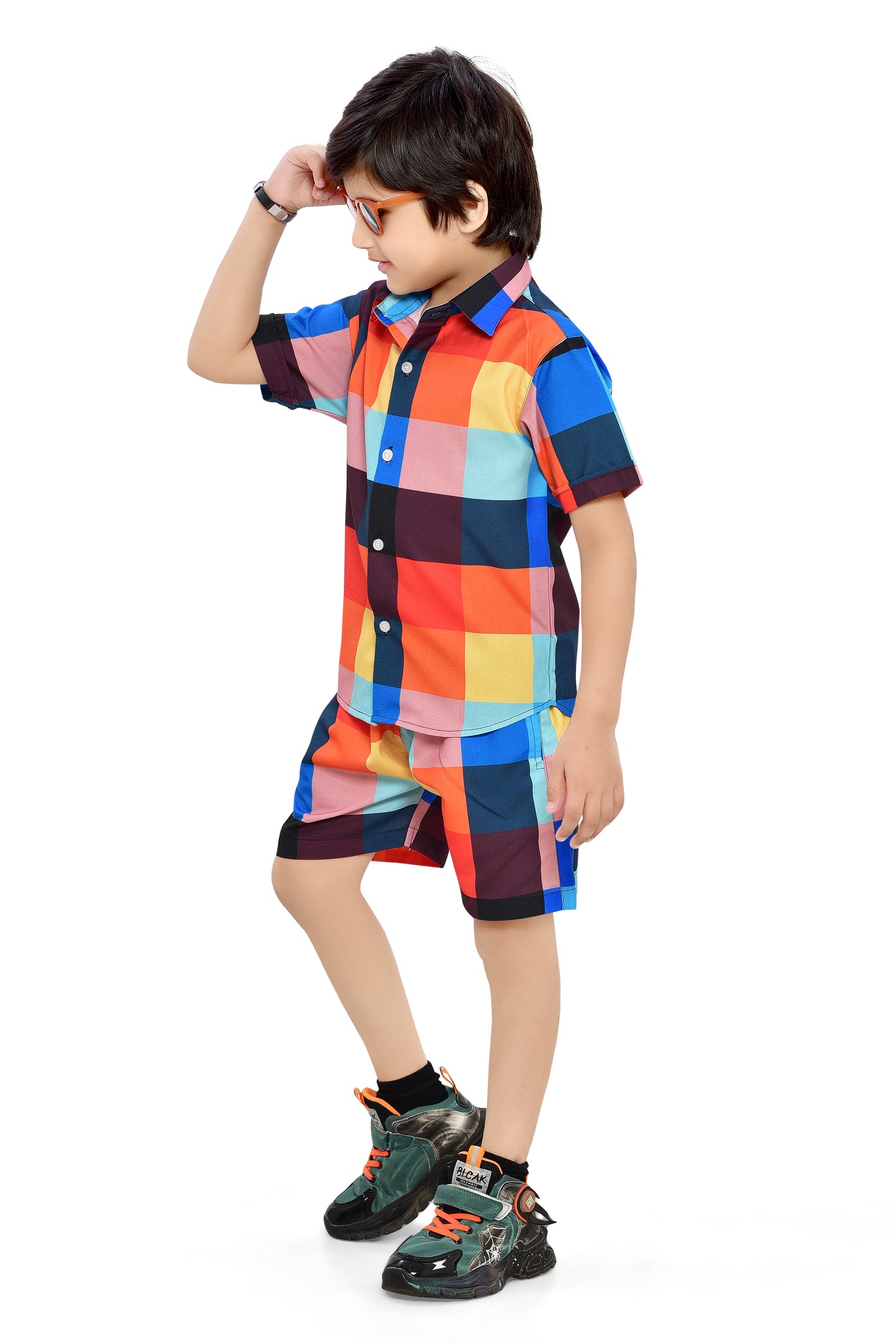Multicolor Big Checks Printed Boys Cotton Co-Ord Set - Front