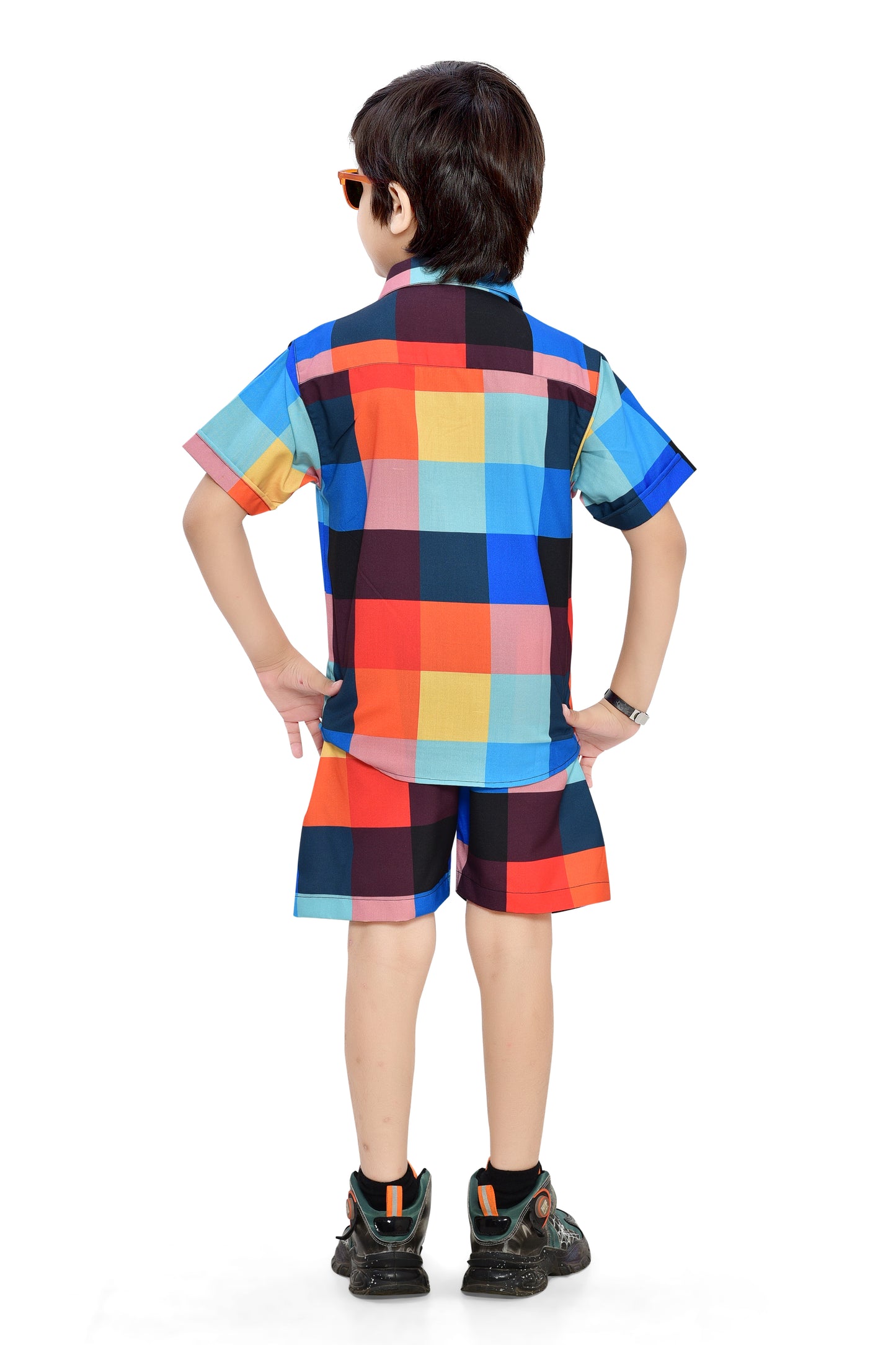 Multicolor Big Checks Printed Boys Cotton Co-Ord Set - Back