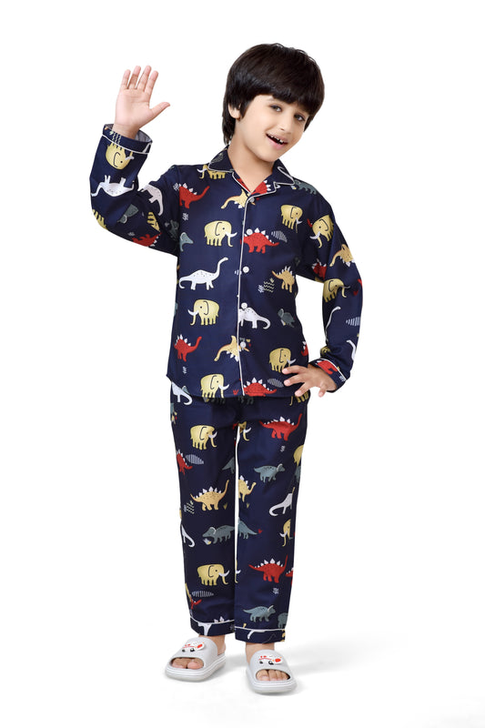 Navy Blue Animal Printed Cotton Boys Nightsuit - Club96.in