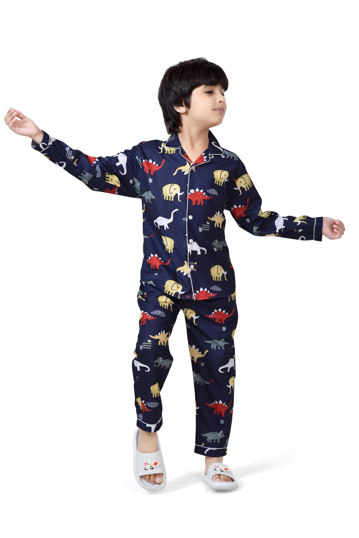 Navy Blue Animal Printed Cotton Boys Nightsuit - Front