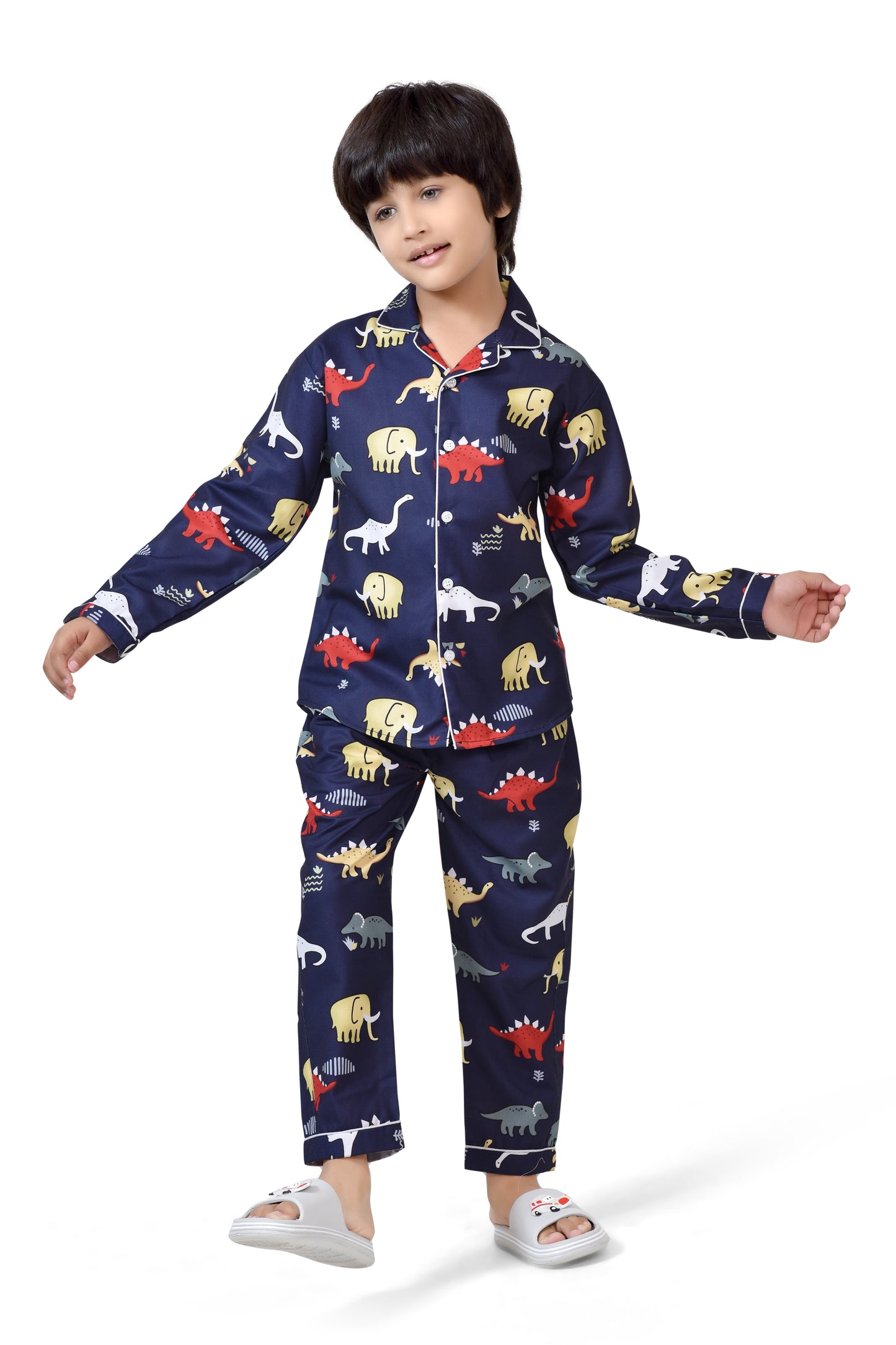 Navy Blue Animal Printed Cotton Boys Nightsuit - Full Sleeve