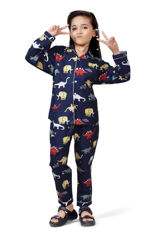 Navy Blue Animal Printed Full Sleeve Nightsuit - Club96.in