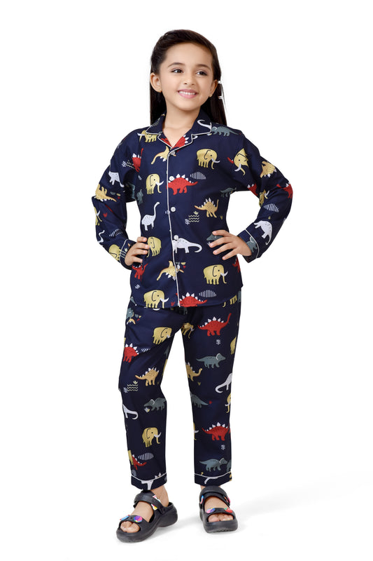 Navy Blue Animal Print Girls Cotton Night Suit - Full Sleeve Detail 2 | CLUB96