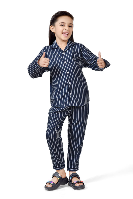 Navy Blue Striped Long Sleeve Cotton Girls Night Suit - Club96