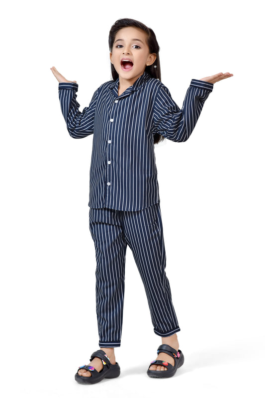 Navy Blue Striped Girls Cotton Night Suit - Full Sleeve Detail 2 | CLUB96