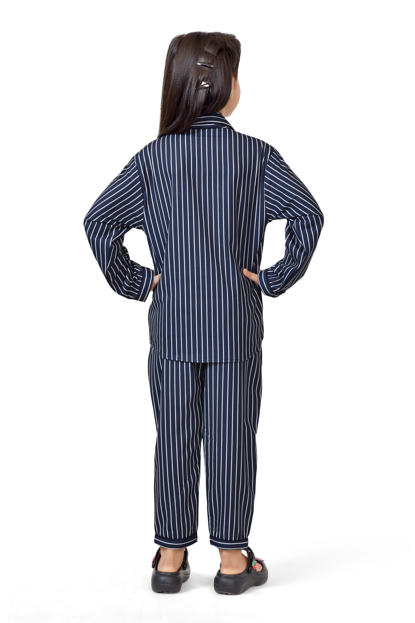 Navy Blue Striped Long Sleeve Cotton Girls Night Suit - Back