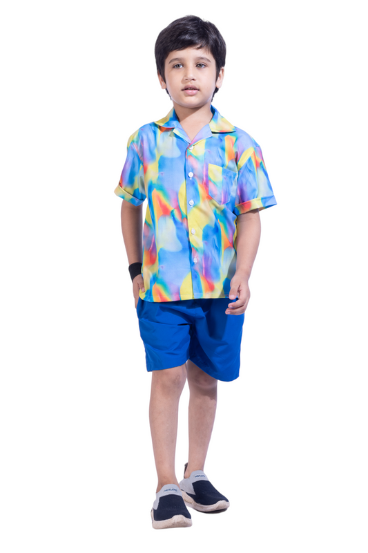 Neon Digital Printed Cotton Shirt with Blue Solid Shorts - Front