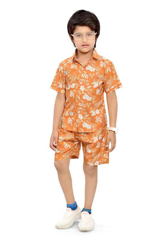 Orange Tropical Flower Printed Cotton Co-Ord Set for Boys - Club96