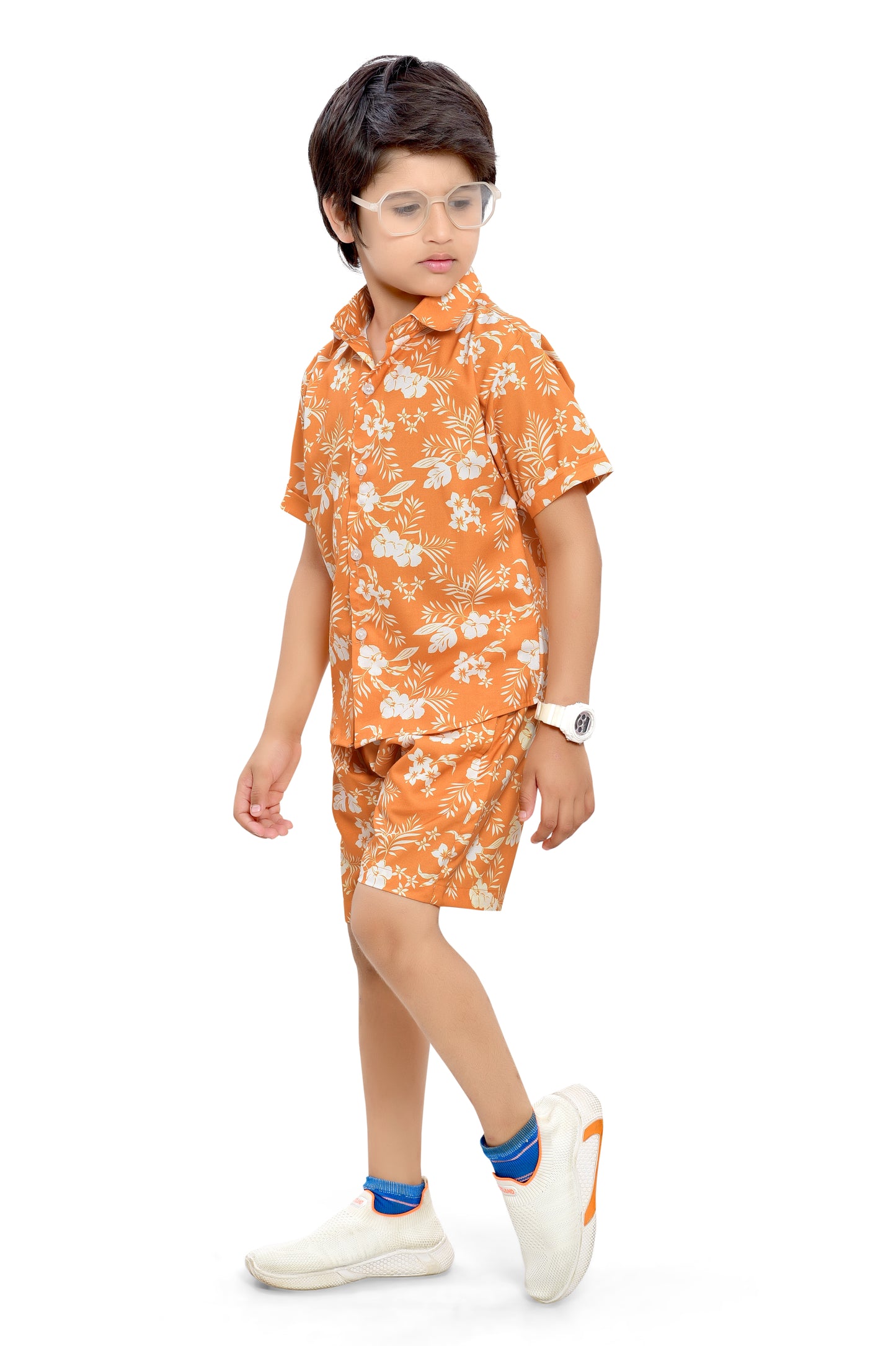 Orange Tropical Flower Printed Cotton Co-Ord Set for Boys - Front
