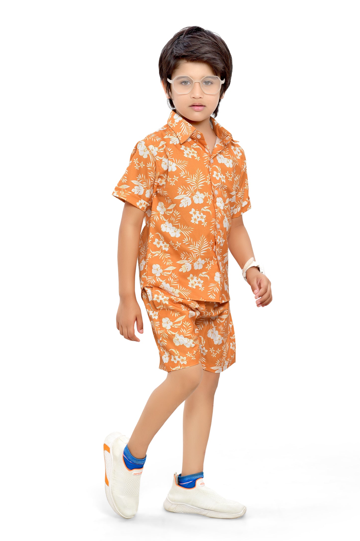Orange Tropical Flower Printed Cotton Co-Ord Set for Boys - Stylist