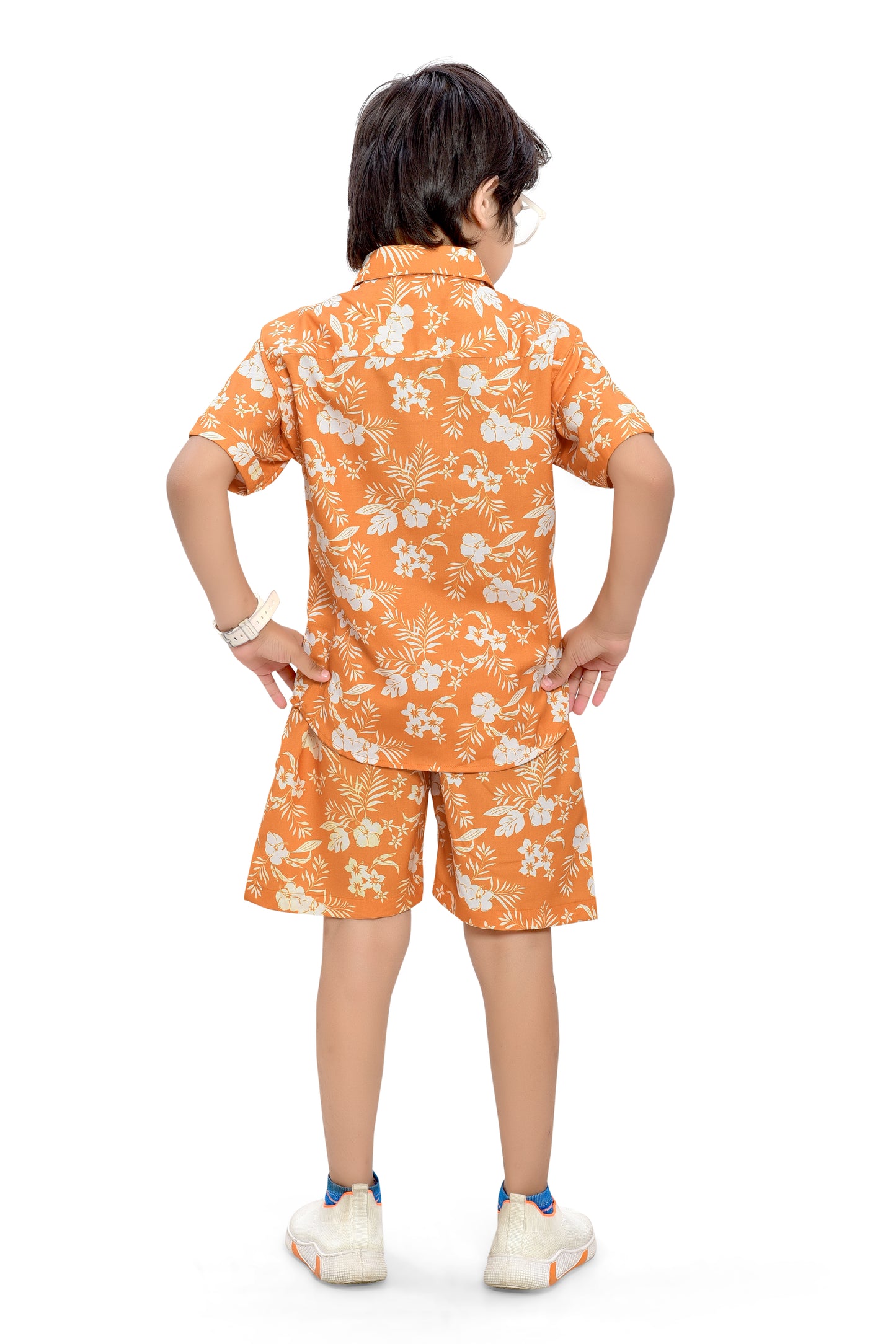 Orange Tropical Flower Printed Cotton Co-Ord Set for Boys - Back
