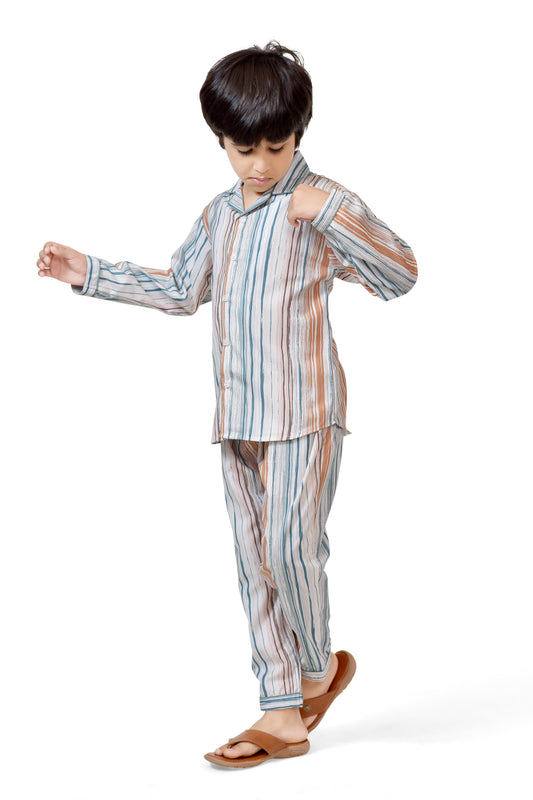 Orange & Blue Striped Boys Cotton Night Suit - Full-Length View | CLUB96