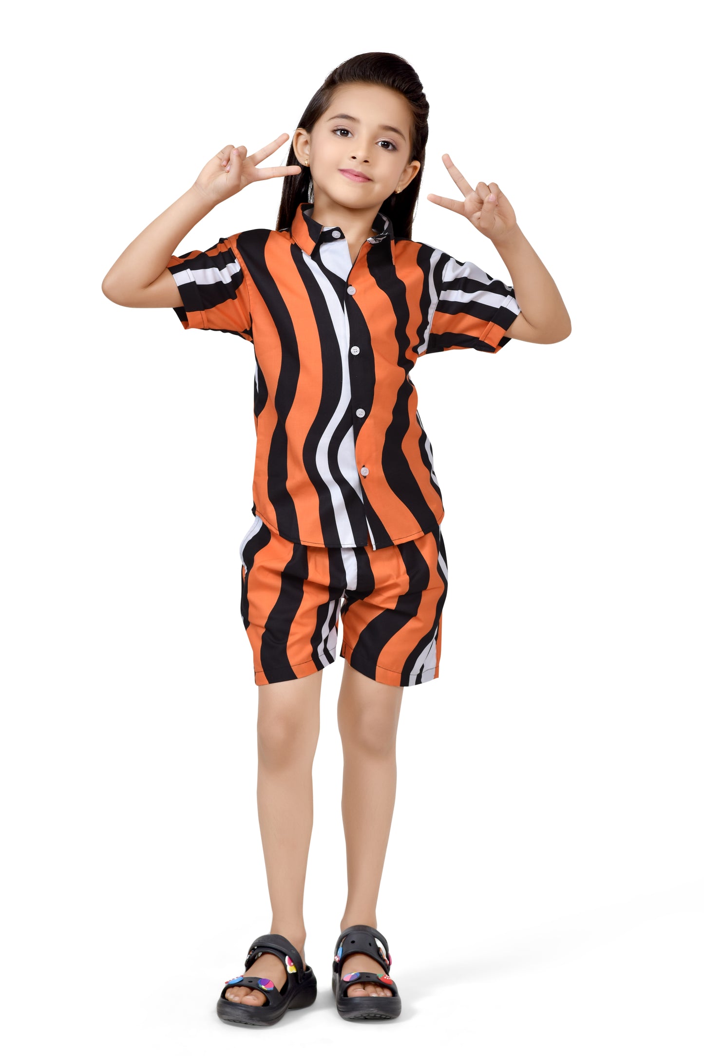 Buy Orange and White Vertical Striped Printed Girls Cotton Co-Ord Set Online - Club96.in