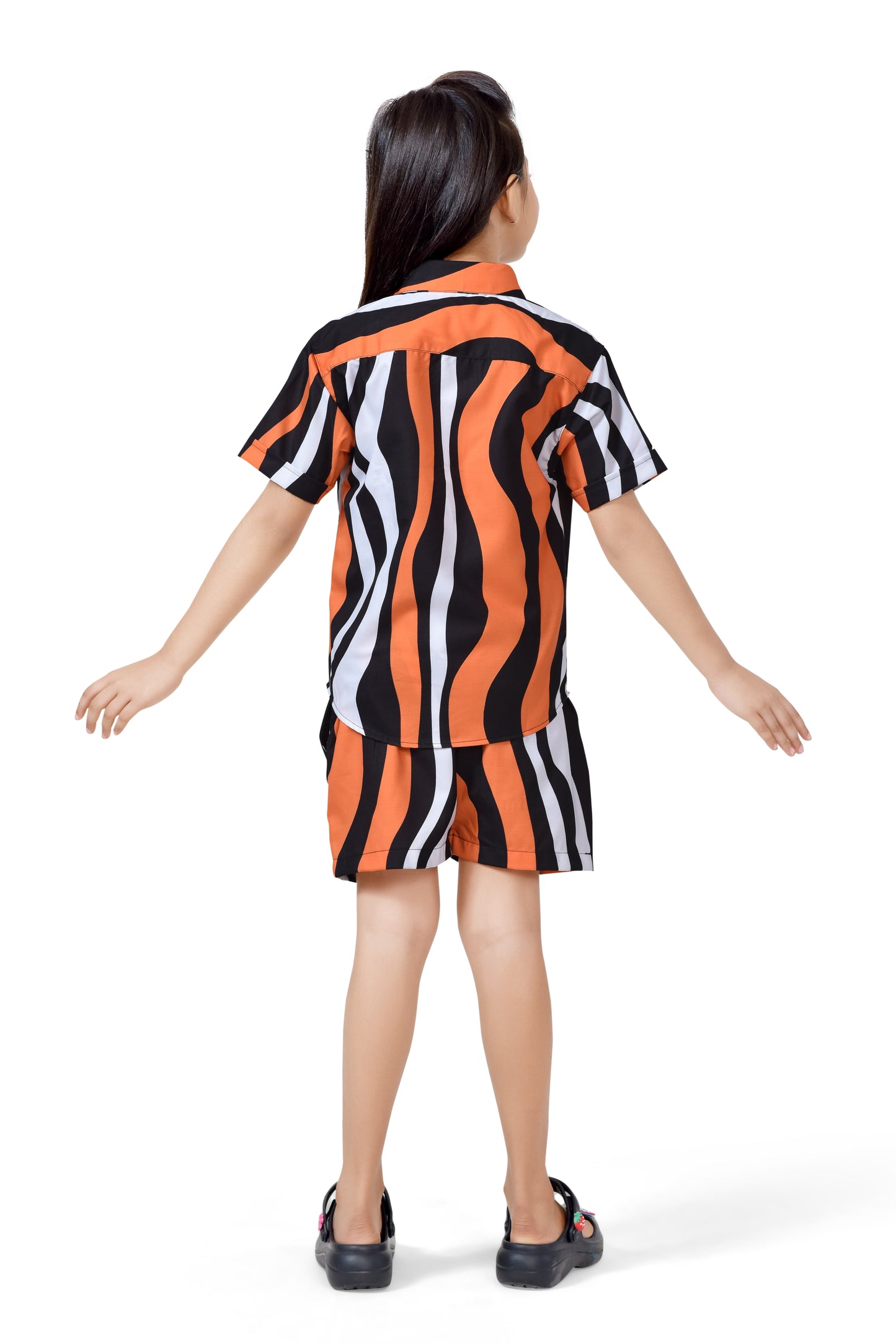 Vertical Striped Printed Orange and White Girls Cotton Co-Ord Set - Back Side
