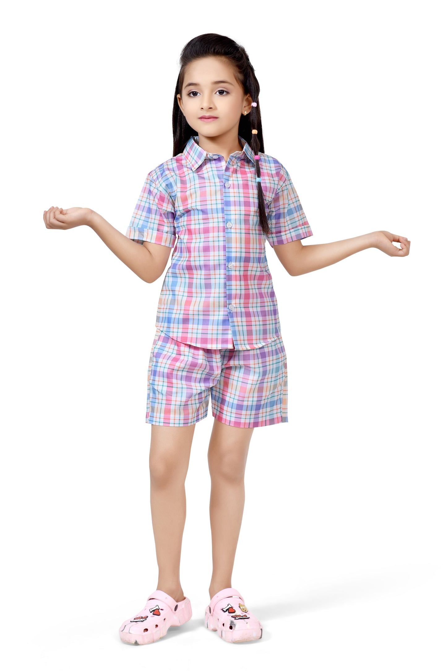 Pastel Color Checks Printed Girls Cotton Co-Ord Set - Club96
