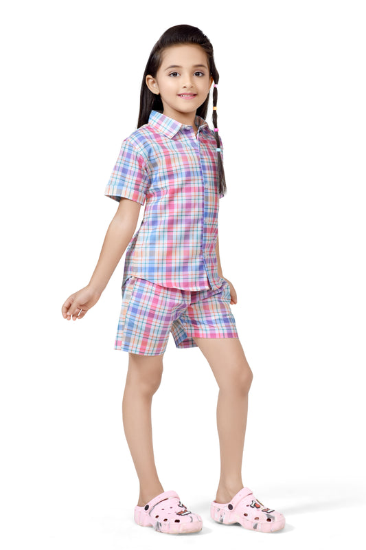 Pastel Color Checks Printed Girls Cotton Co-Ord Set - Stylist