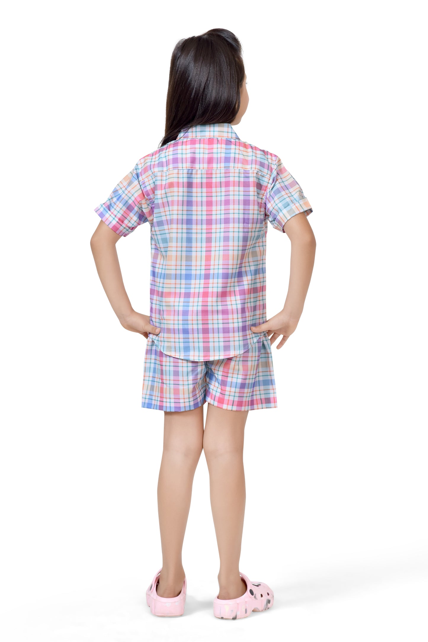 Pastel Color Checks Printed Girls Cotton Co-Ord Set - Back