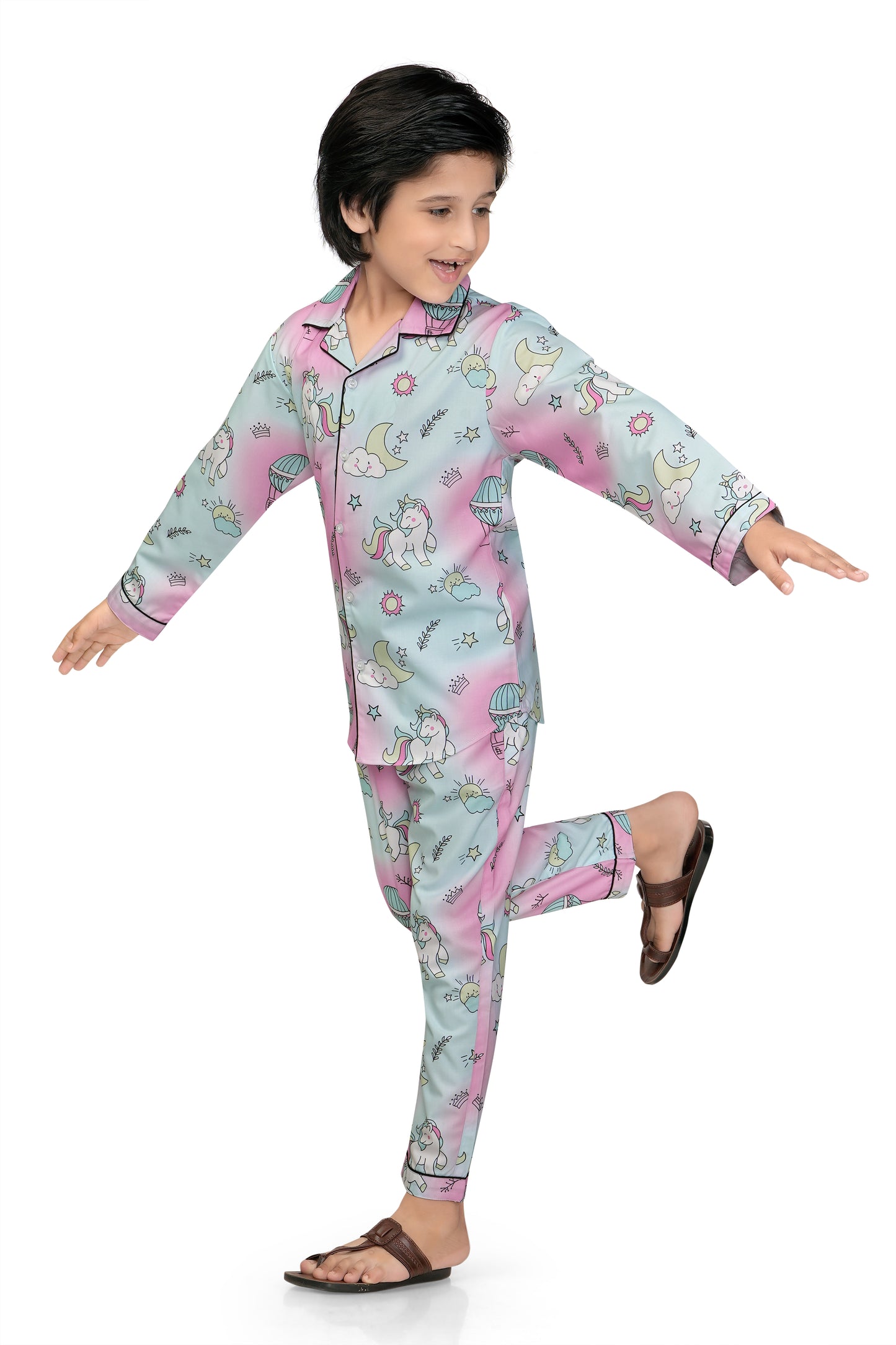 Pink-and-Blue-Unicorn-Printed-Cotton-Nightsuit-Set-Stylish