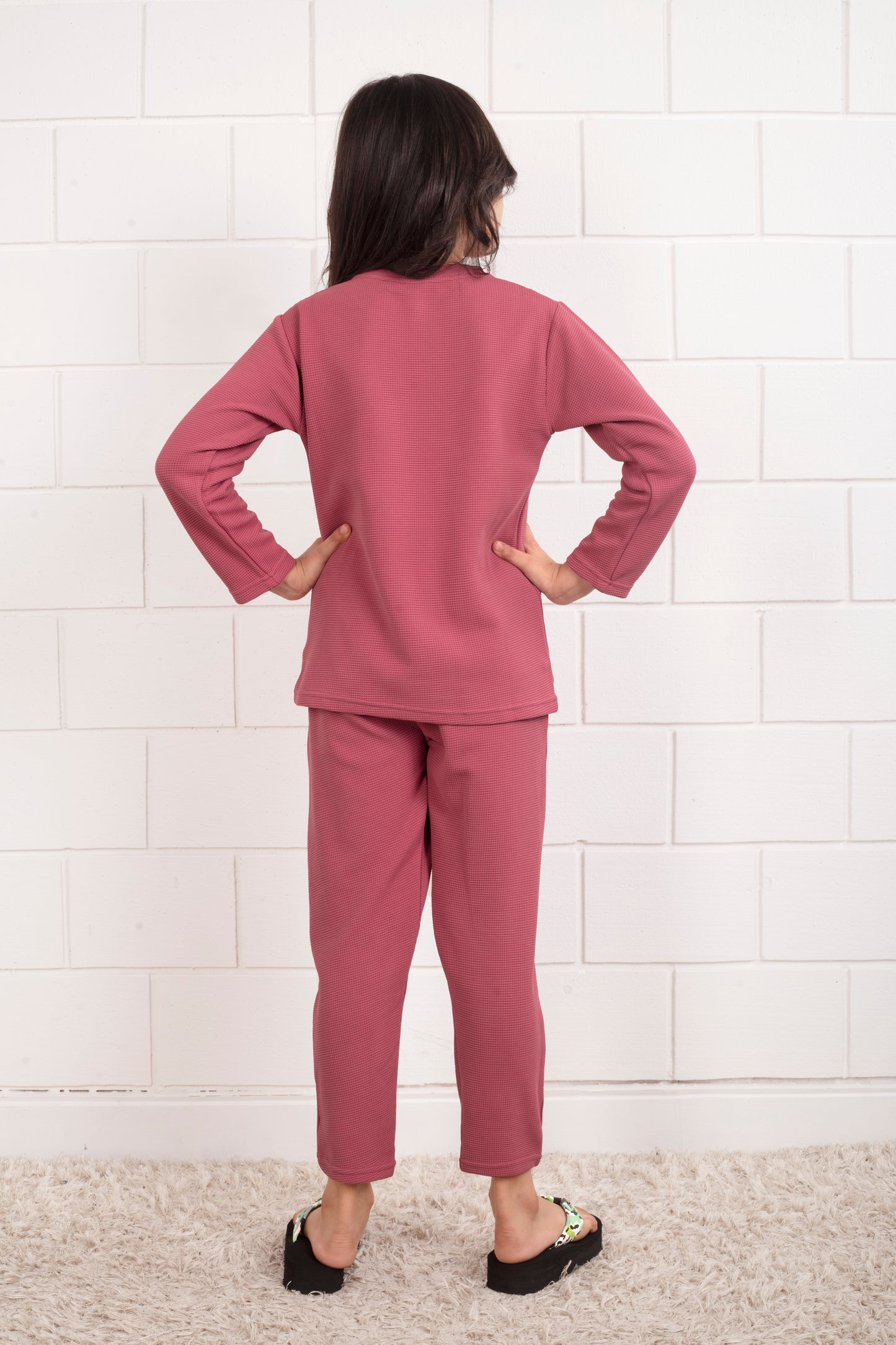 Pink_waffle_cotton_cute_pajama_sets_for_Girl - BackView