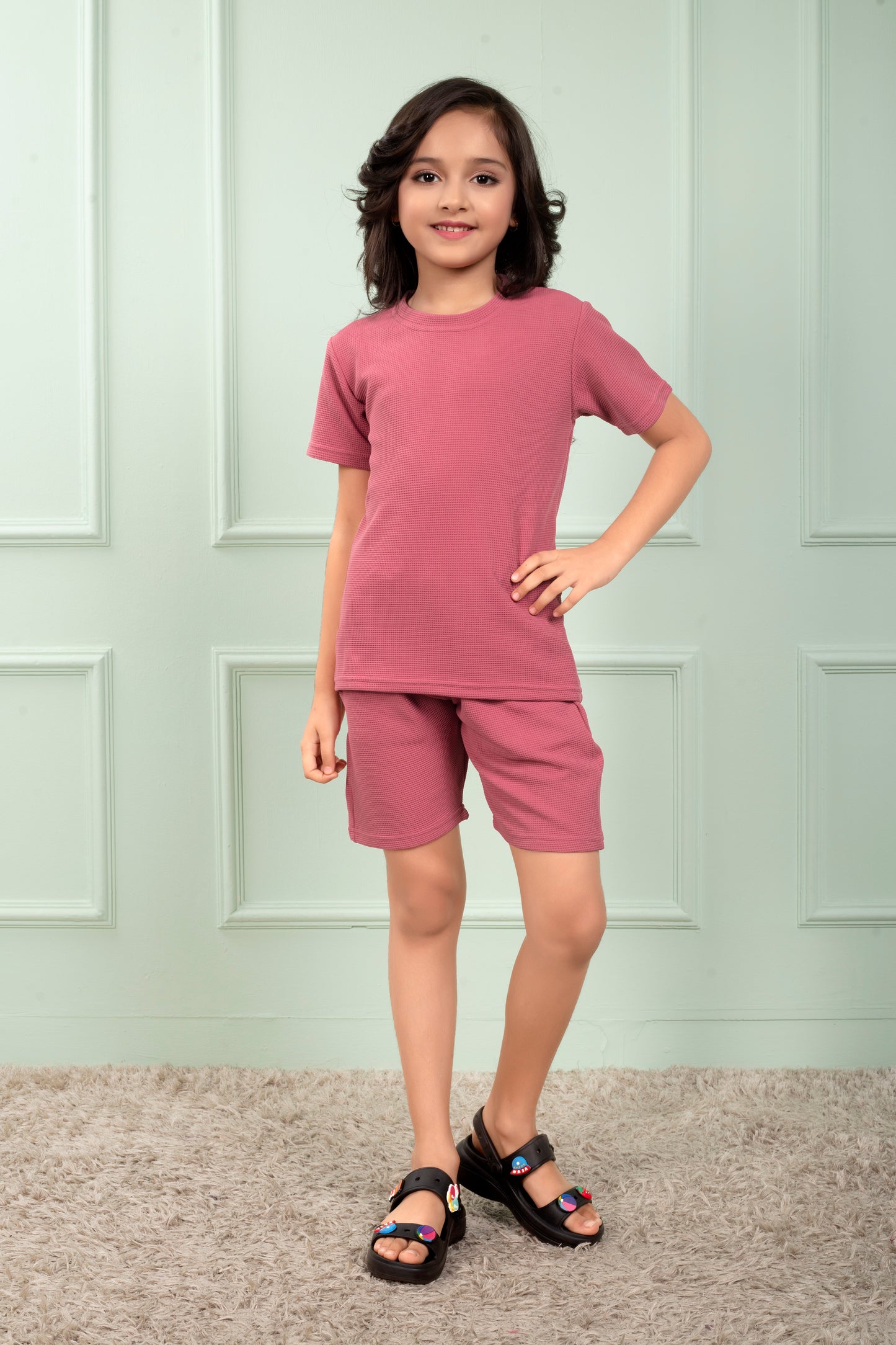 Pink_waffle_cotton_cute_shorts_and_t_shirt_set_for_Girl - FrontView