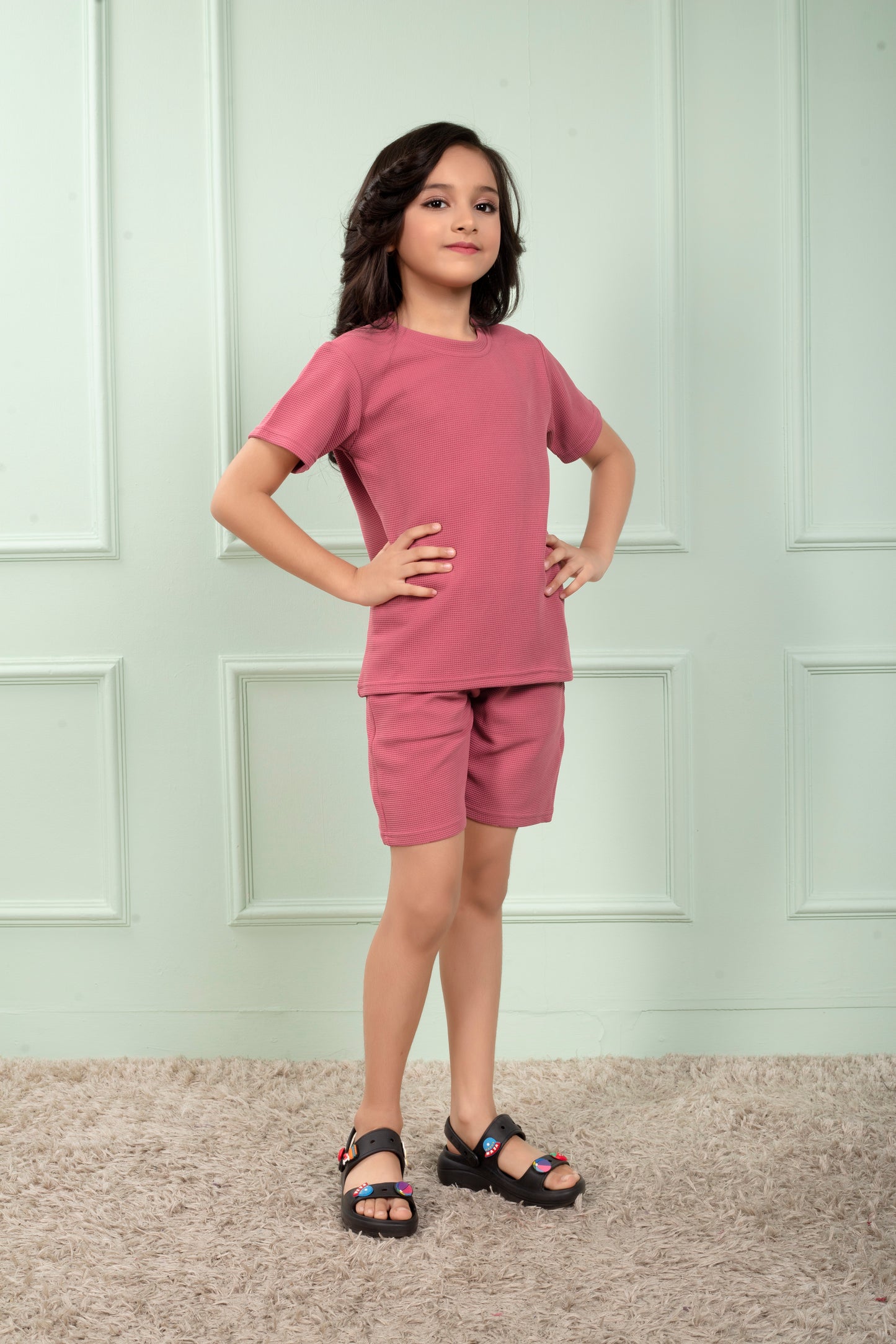 Pink_waffle_cotton_cute_shorts_and_t_shirt_set_for_Girl - SideView