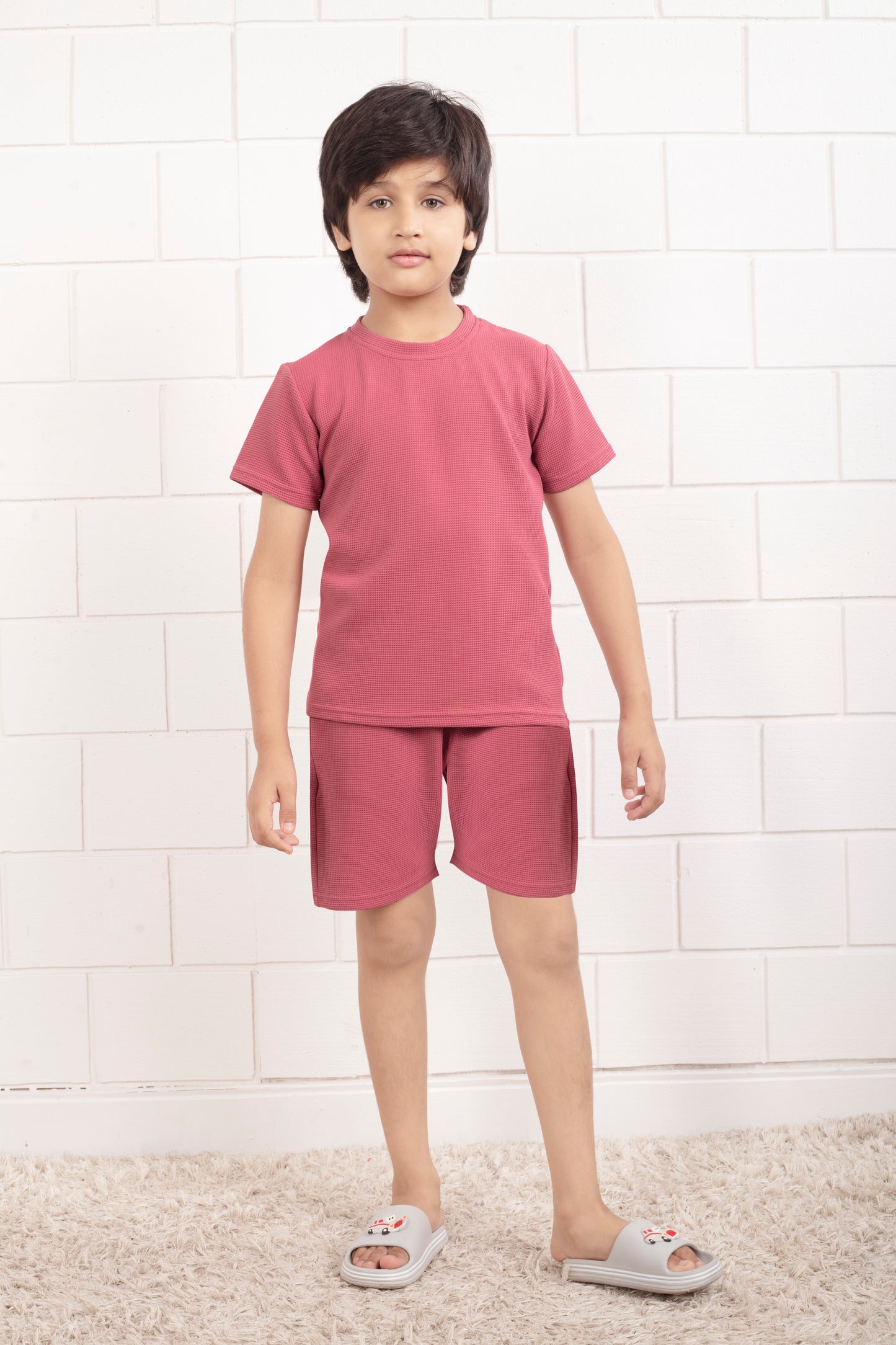 Pink_waffle_cotton_cute_shorts_co_ord_sets - Front