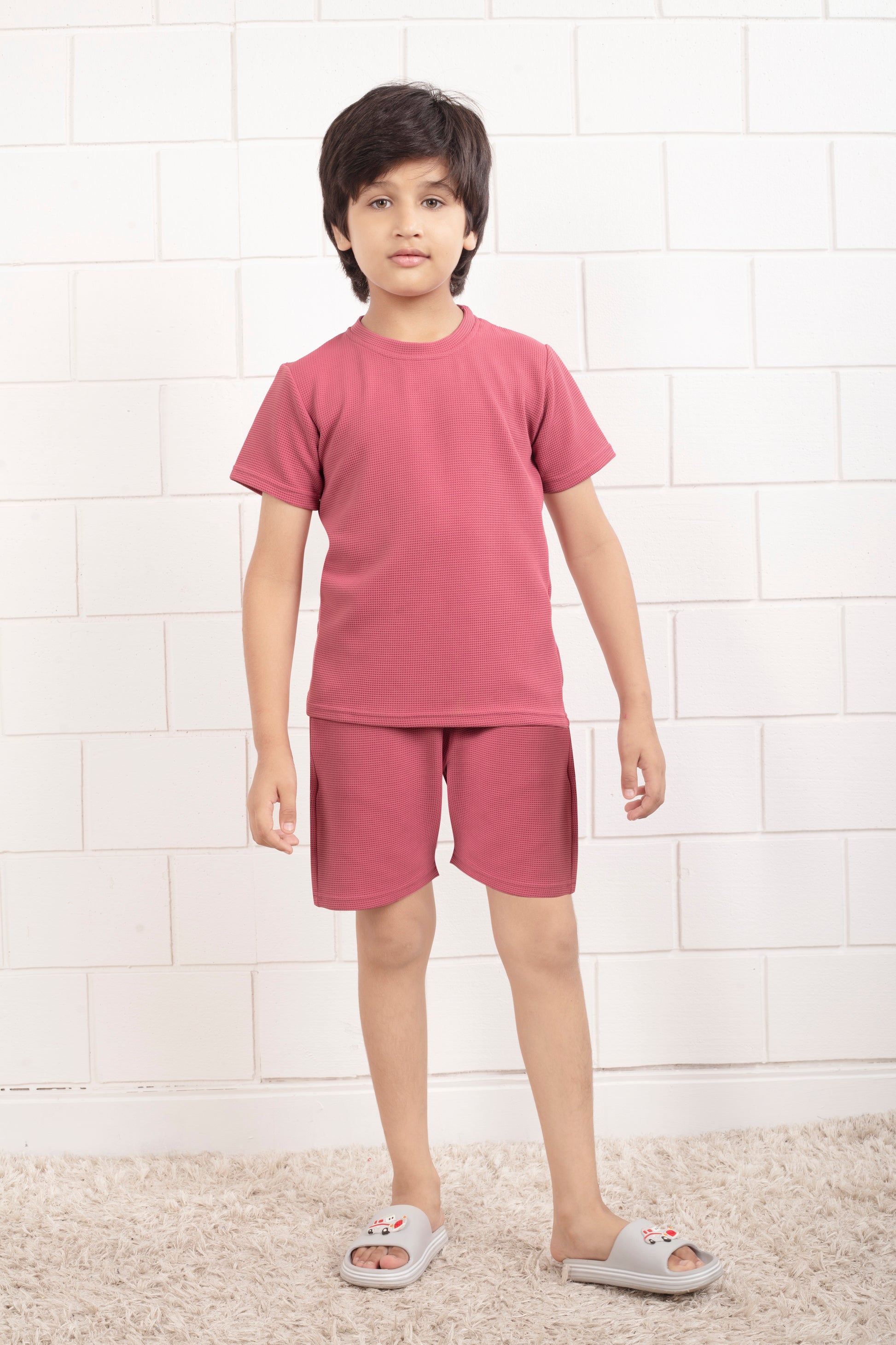Pink_waffle_cotton_cute_shorts_co_ord_sets - Front
