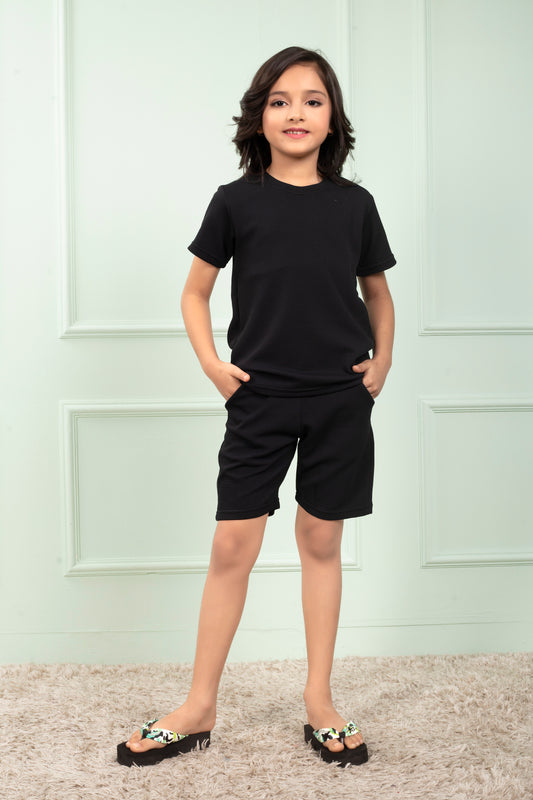 Pure_Cotton_Waffle_Black_color_Girls_shirt_and_shorts_set - FrontView