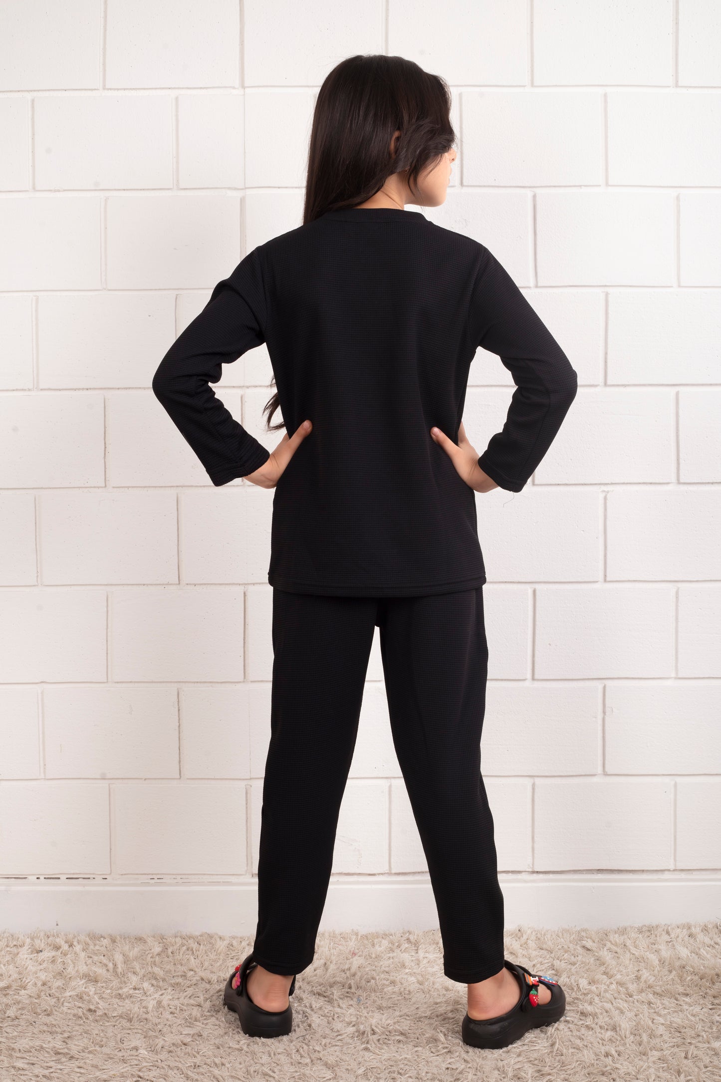 Pure_Cotton_Waffle_Black_color_Pajama_set_for_Girl - BackSide