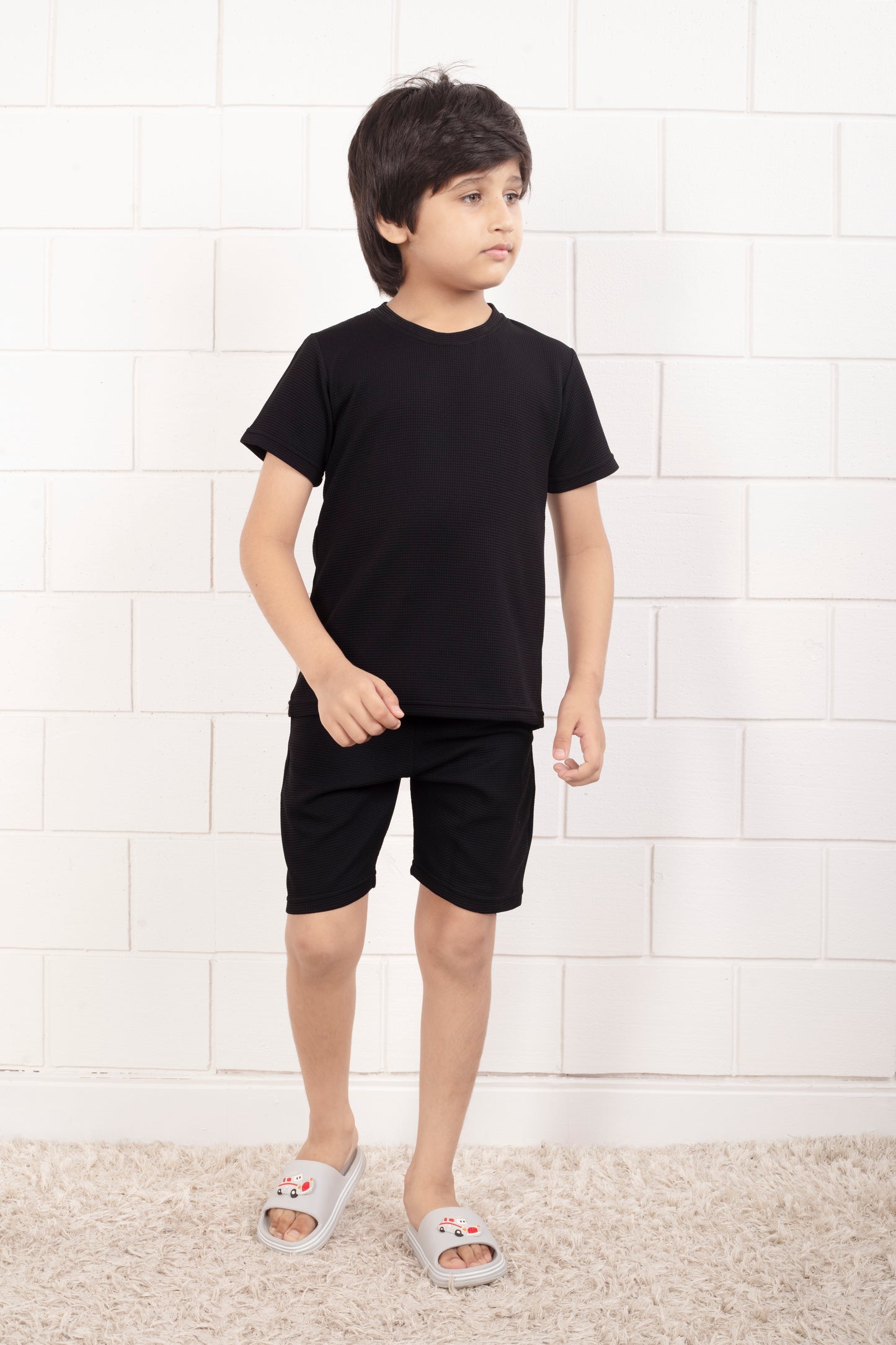 Pure_Cotton_Waffle_Black_color_night_suit_shorts_set - FrontView