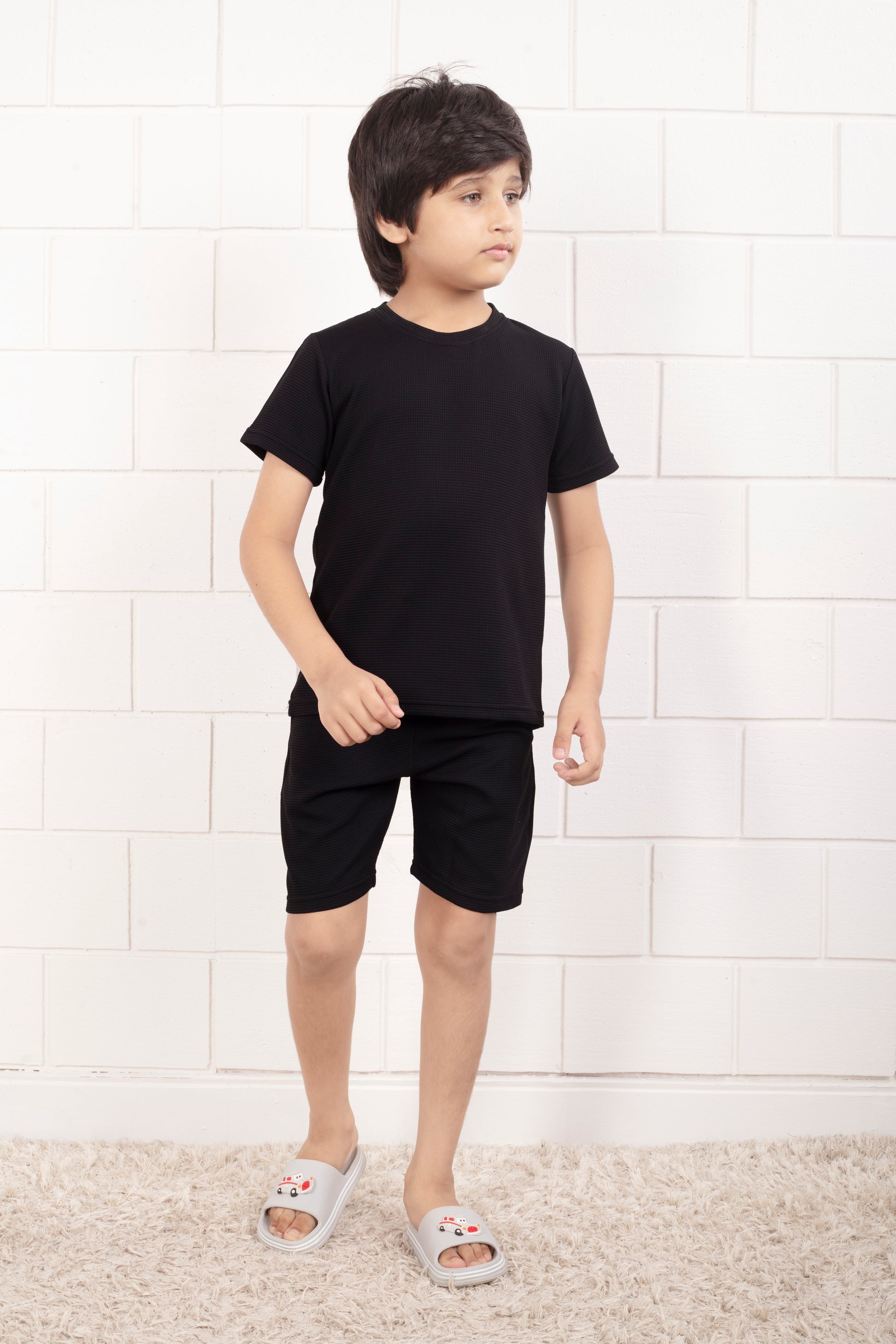Pure_Cotton_Waffle_Black_color_night_suit_shorts_set - FrontView