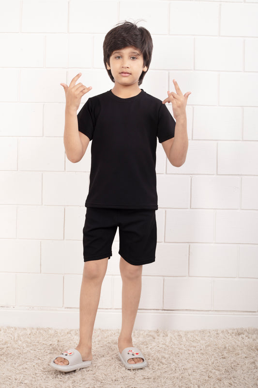 Pure_Cotton_Waffle_Black_color_night_suit_shorts_set - Front