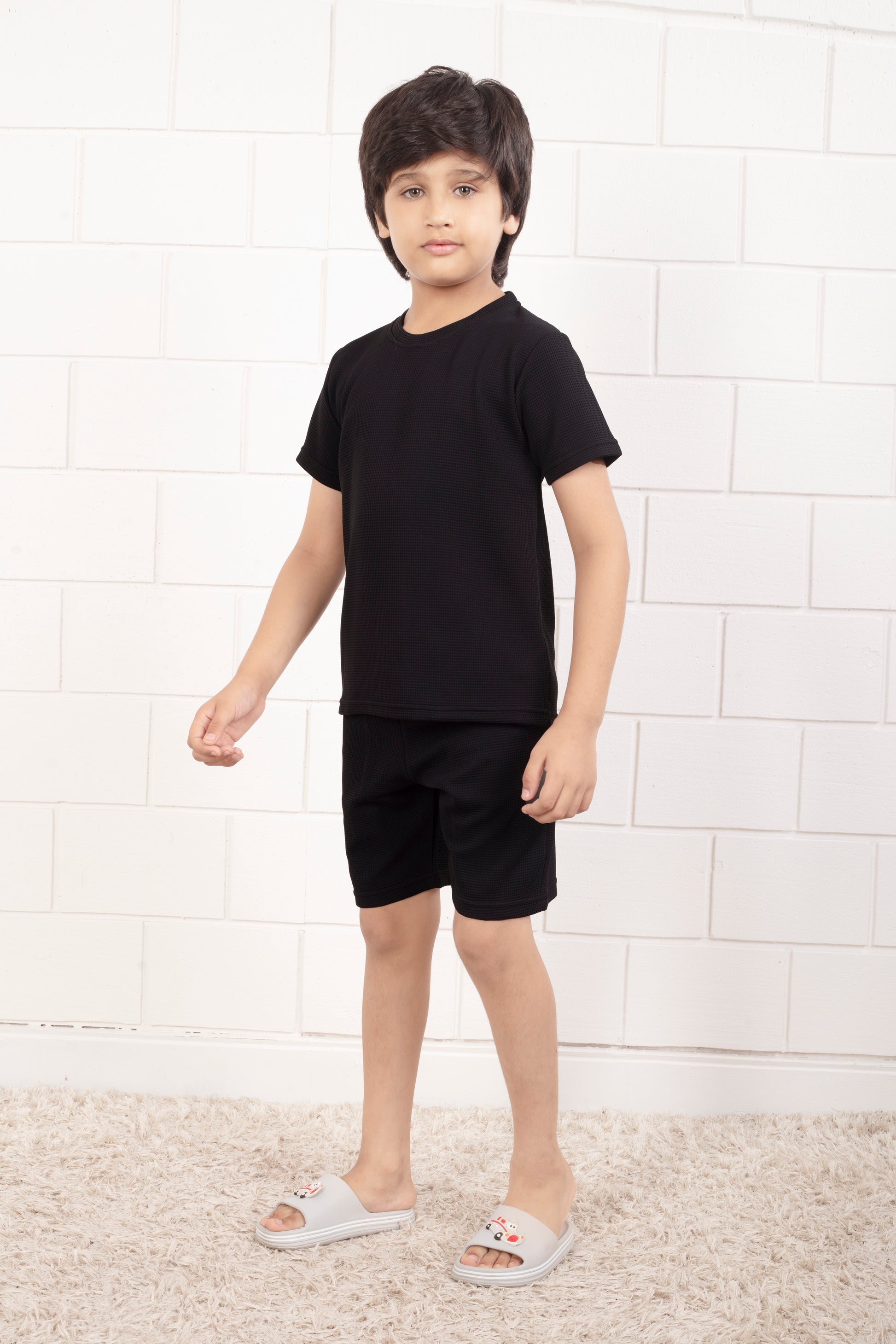 Pure_Cotton_Waffle_Black_color_night_suit_shorts_set - SideView