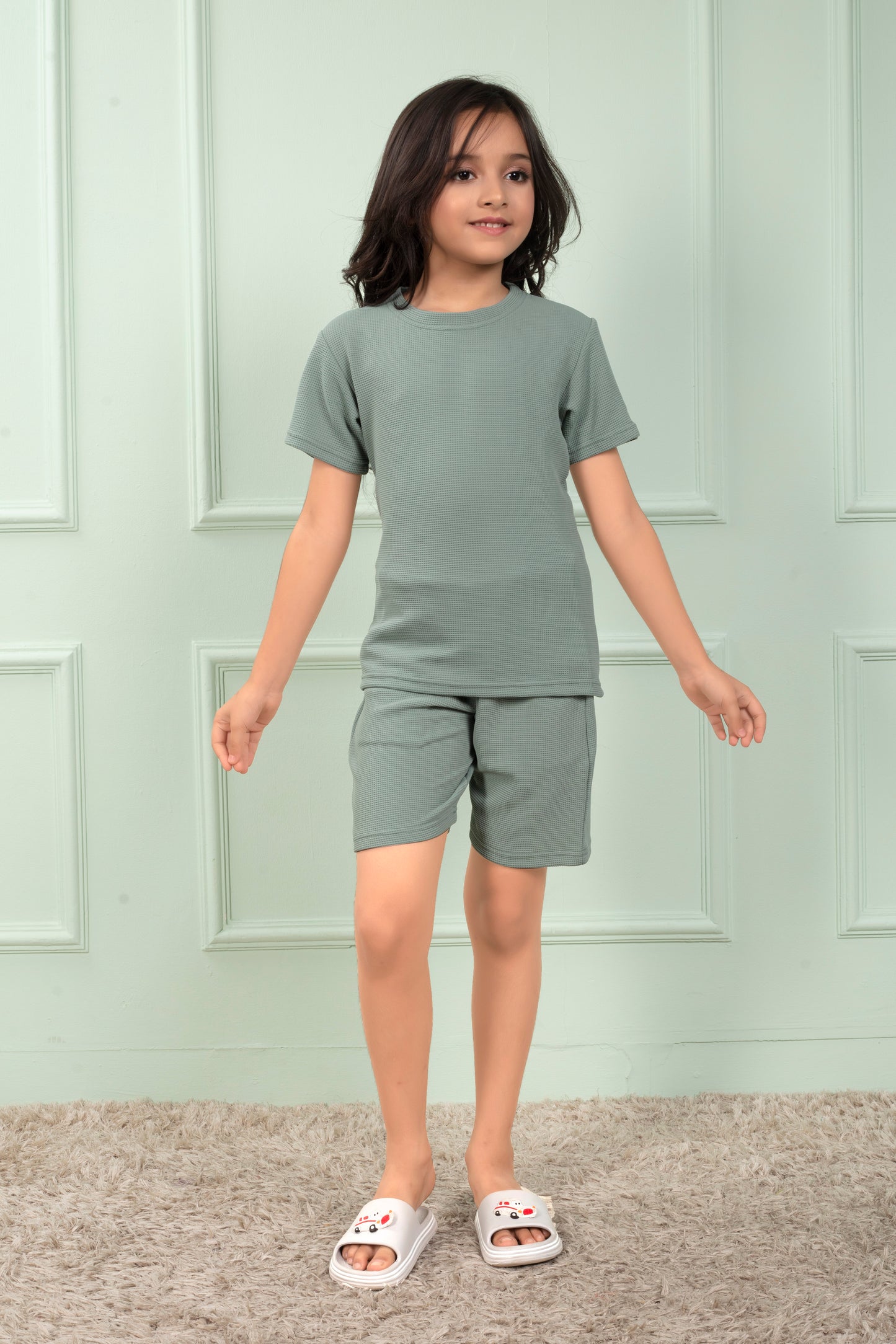 Pure_Cotton_Waffle_Light_Green_shorts_set_for_Girls - FrontView