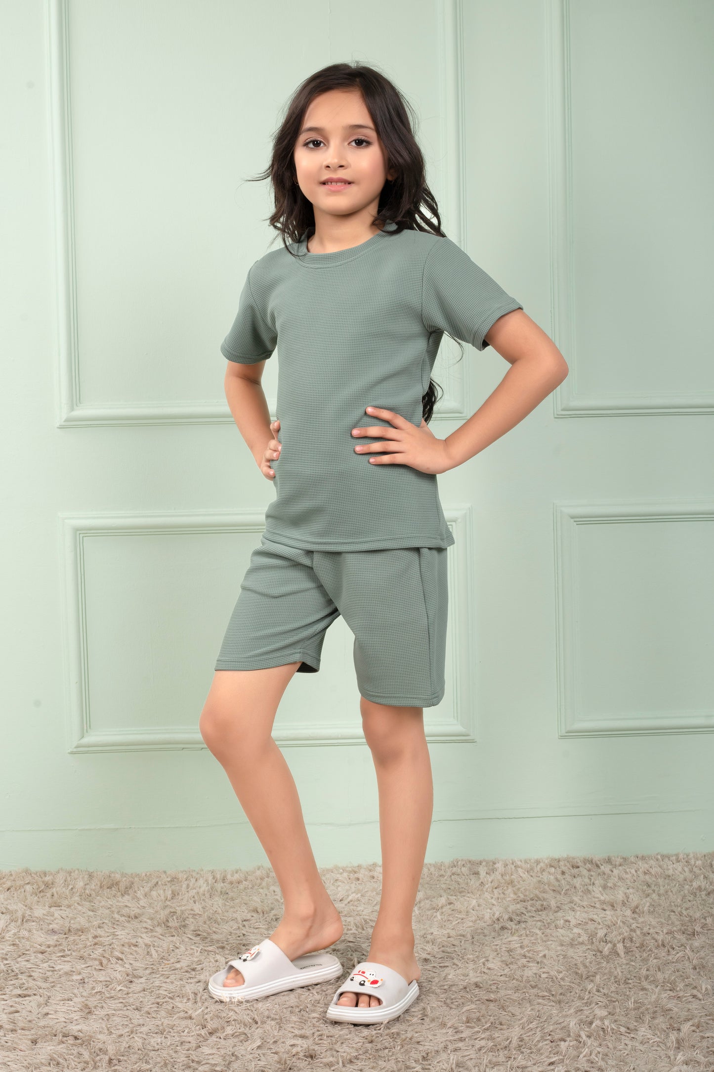Pure_Cotton_Waffle_Light_Green_shorts_set_for_Girls - SideView