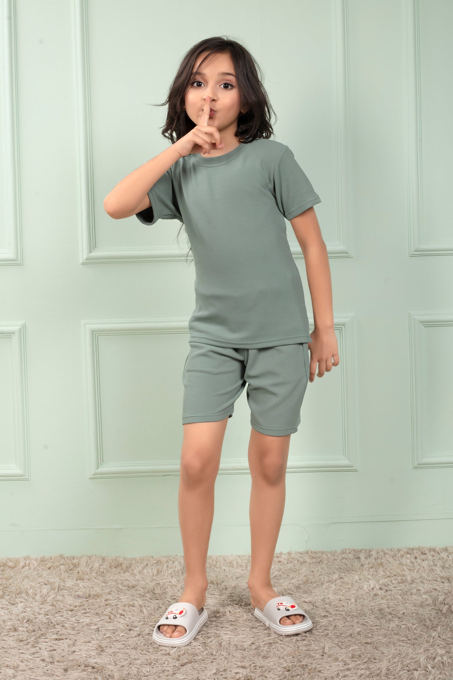 Pure_Cotton_Waffle_Light_Green_shorts_set_for_Girls - Stylish