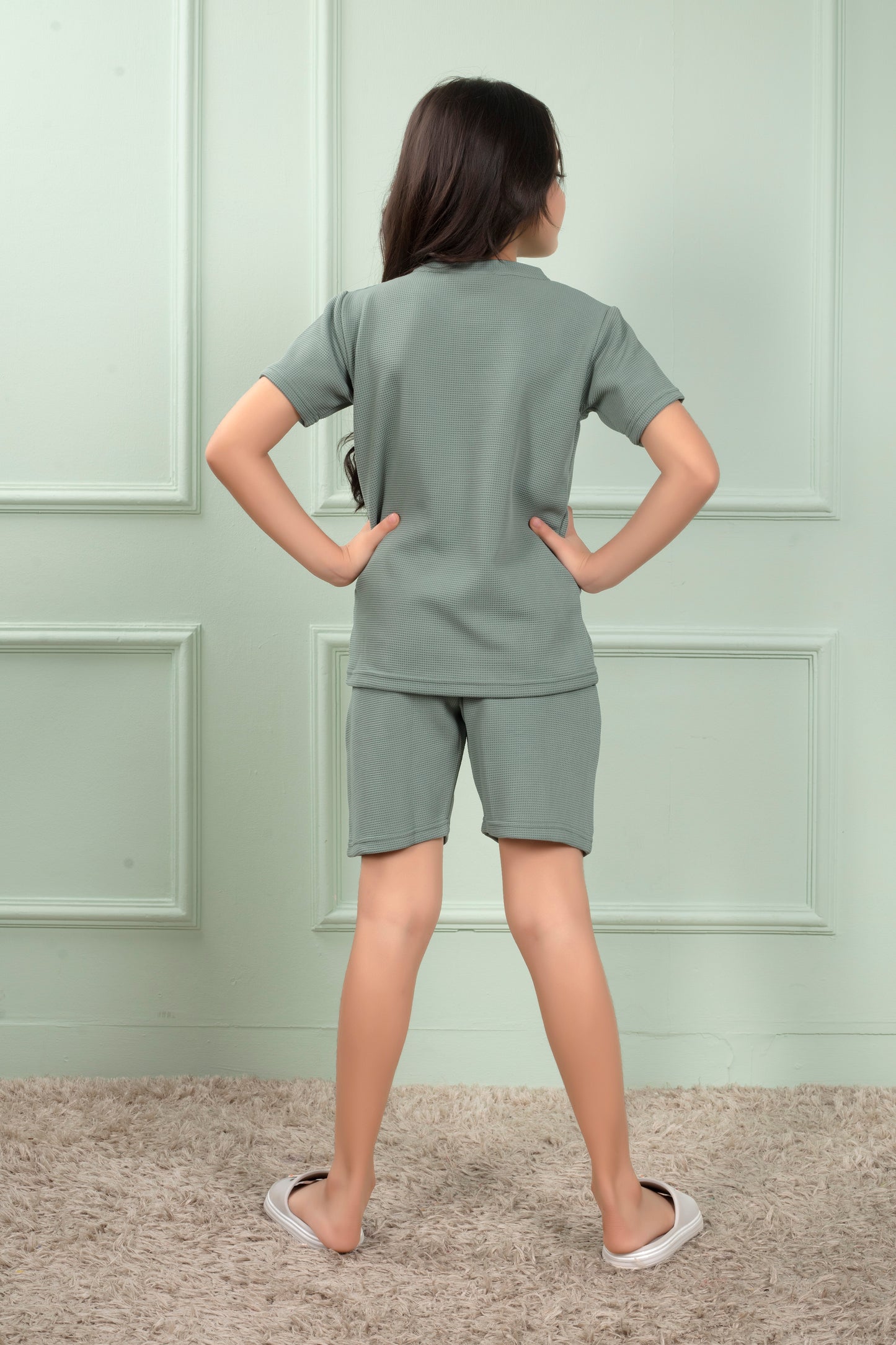 Pure_Cotton_Waffle_Light_Green_shorts_set_for_Girls - BackView