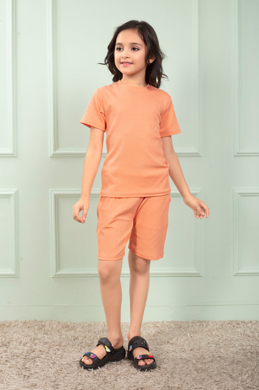 Pure_cotton_Orange_color_kids_shorts_and_t_shirt_set - FrontView