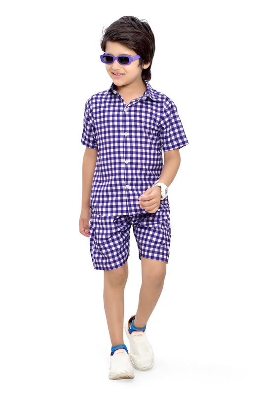 Purple and White Small Checks Printed Boys Cotton Co-Ord Set - Club96