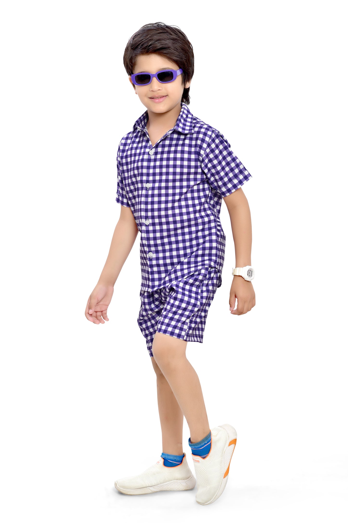 Purple and White Small Checks Printed Boys Cotton Co-Ord Set - Front