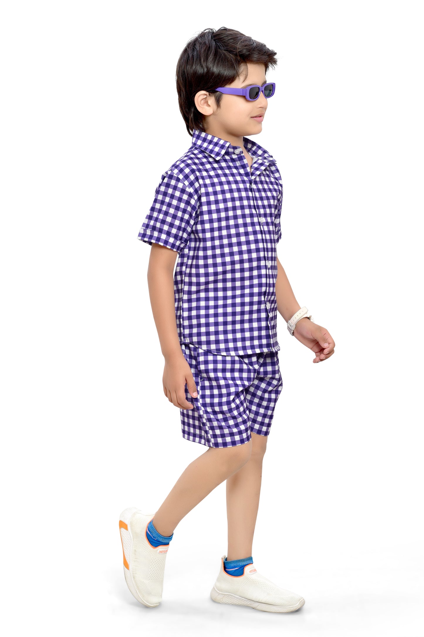 Purple and White Small Checks Printed Boys Cotton Co-Ord Set - Stylist