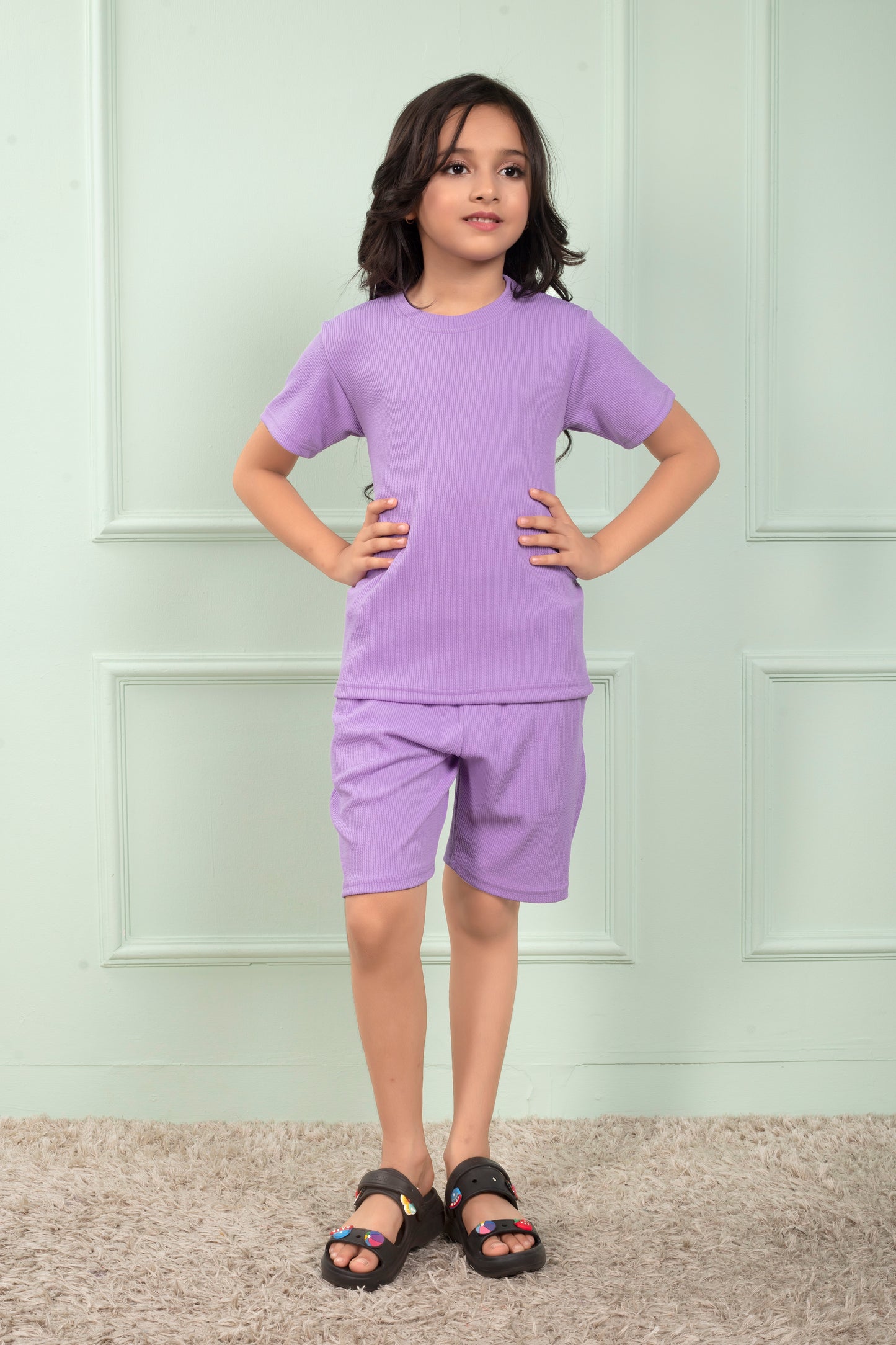 Purple_color_cotton_Mario_rib_cute_Girls_Shorts_sets - FrontView
