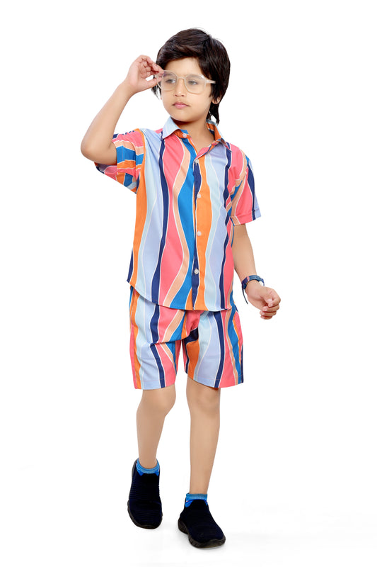 Rainbow Striped Printed Boys Cotton Shorts Co-Ord Set - Club96