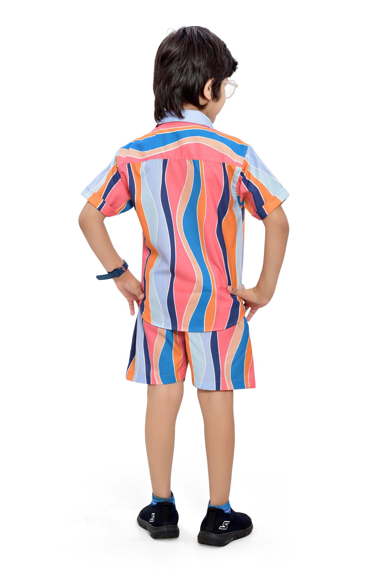 Rainbow Striped Printed Boys Cotton Shorts Co-Ord Set - Back