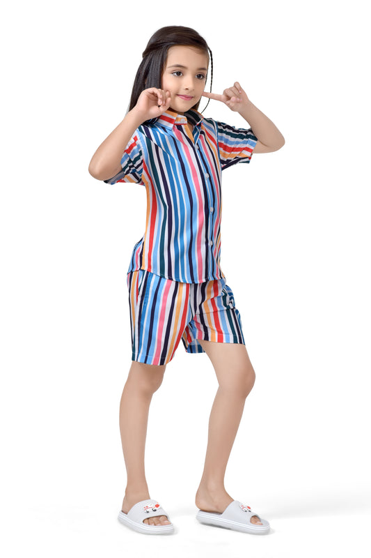 Rainbow Striped Printed Girls Cotton Shorts Co-Ord Set - Stylist
