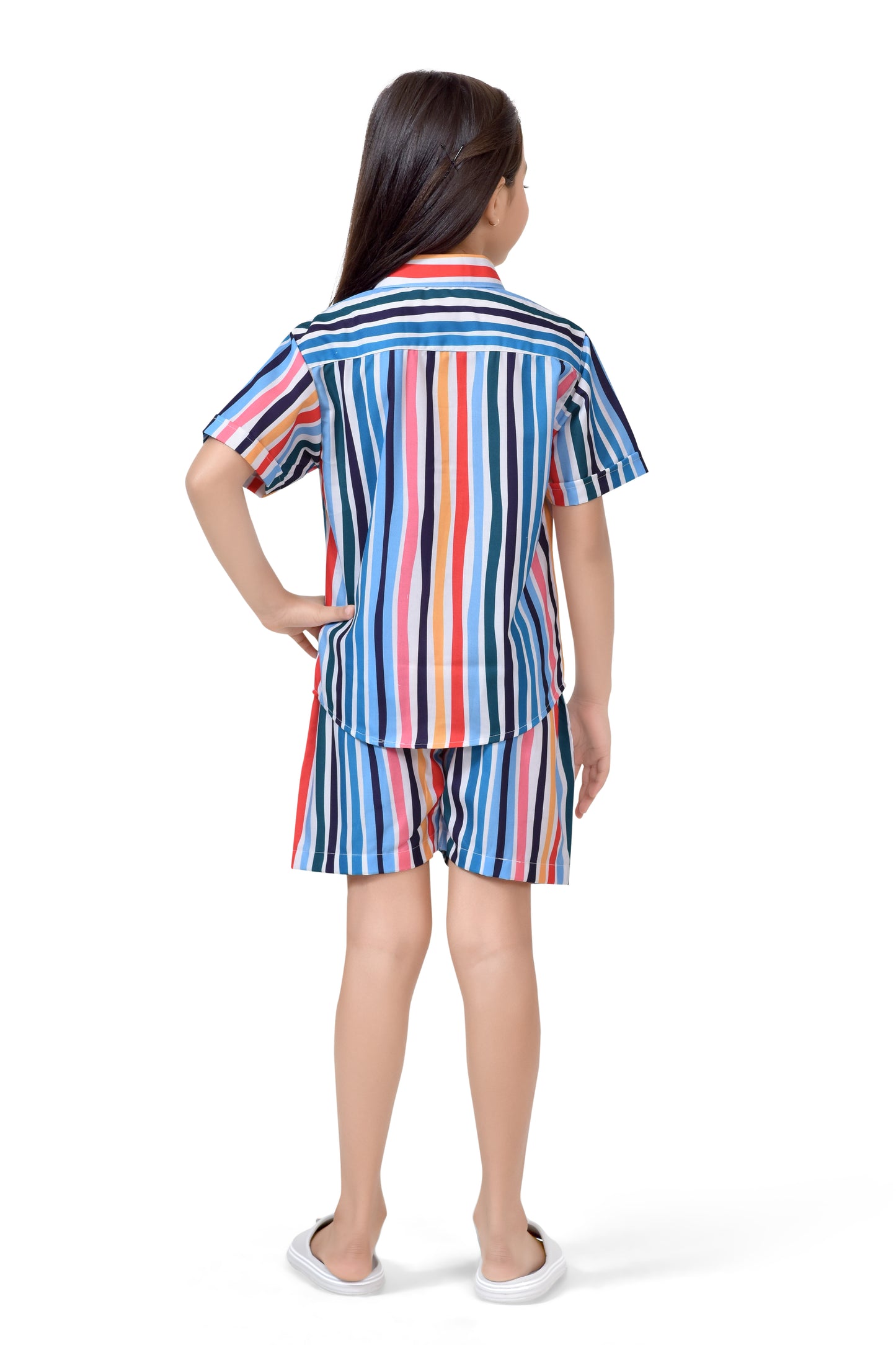 Rainbow Striped Printed Girls Cotton Shorts Co-Ord Set - Back